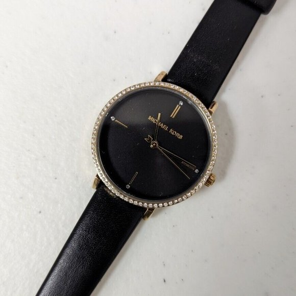 NWT Michael Kors MK7116 Parker Gold Tone Black Leather Band Watch - Picture 3 of 5